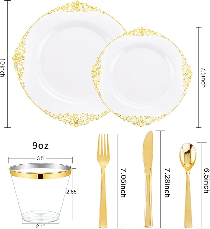 Hioasis 300pcs White and Gold Plastic Plates - Disposable Dinnerware Set Suitable for 50 Guests Include 10.25" Dinner & 7.5" Dessert Plates,Silverware Set, Cups for Wedding(NO Napkins Included)