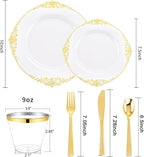 Hioasis 300pcs White and Gold Plastic Plates - Disposable Dinnerware Set Suitable for 50 Guests Include 10.25" Dinner & 7.5" Dessert Plates,Silverware Set, Cups for Wedding(NO Napkins Included)