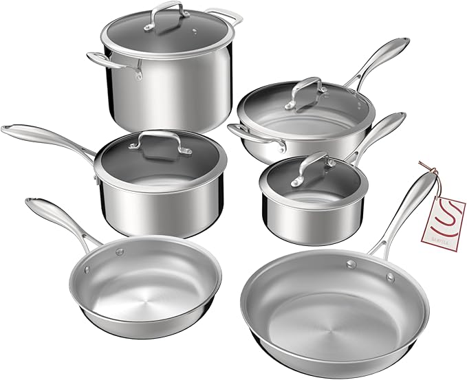 5-Ply 10 Pcs Stainless Steel Cookware Set, Pots and Pans Set with Glass Lids, Frying Pans, Saucepans, Saute Pan and Stock Pot, Compatible with All Cooktops, PTFE, PFAS and PFOA Free