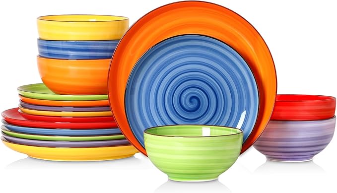 Selamica Ceramic Plates and Bowls Sets,18 Pieces Dinnerware Sets for 6,Dishwasher & Microwave Safe dish set,Family & Holiday Dining, Dopamine