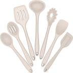 E-far Silicone Cooking Utensils Set, 7-Piece Khaki Heat Resistant Kitchen Utensils Set, Kitchen Nonstick Tools Spatula Ladle Spoon Pasta Server for Non-stick Cookware, Non-Toxic & Dishwasher safe