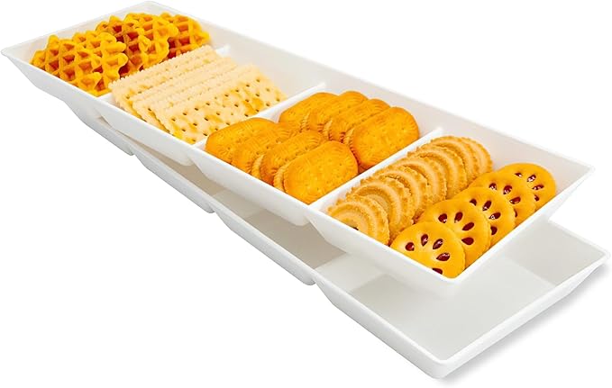 Divided Serving Tray Platter, 2 Pack 17.6" x 6" Fruit Veggie Food Tray for Party, Plastic Serving Trays for Appetizer, Snack, Dessert, Cookie, Brunch Decorations Platters, White Trays BPA-Free