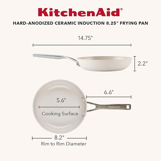 KitchenAid Hard Anodized Ceramic Induction Nonstick Cookware 2-Piece Frying Pans/Skillet Set, Dishwasher Safe, 8.25 Inch and 10 Inch Non Stick Fry Pans with Stainless Steel Handles - Porcelain White