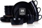 Stone Lain Jules Stoneware 16-Piece Dinnerware Set, Plates and Bowls, Service for 4, Black, Microwave & Dishwasher Safe