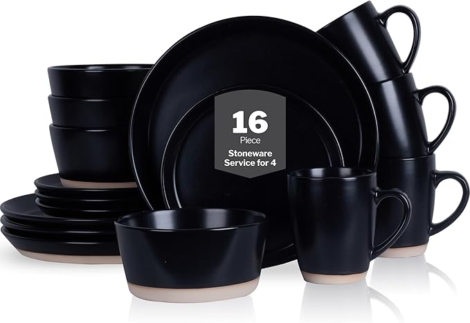 Stone Lain Jules Stoneware 16-Piece Dinnerware Set, Plates and Bowls, Service for 4, Black, Microwave & Dishwasher Safe