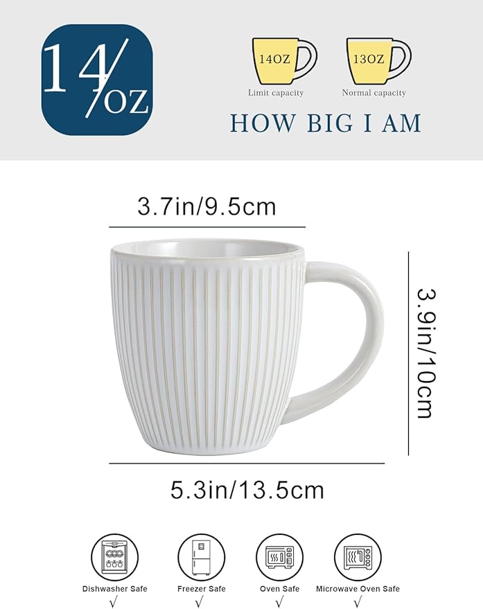 14 oz Embossed Ceramic Coffee Mugs - Set of 4, Artisan Textured Large Coffee Cups for Home & Office,Lead-Free Microwave & Dishwasher Safe,Coffee Cups for Wedding Housewarming Coffee Lovers