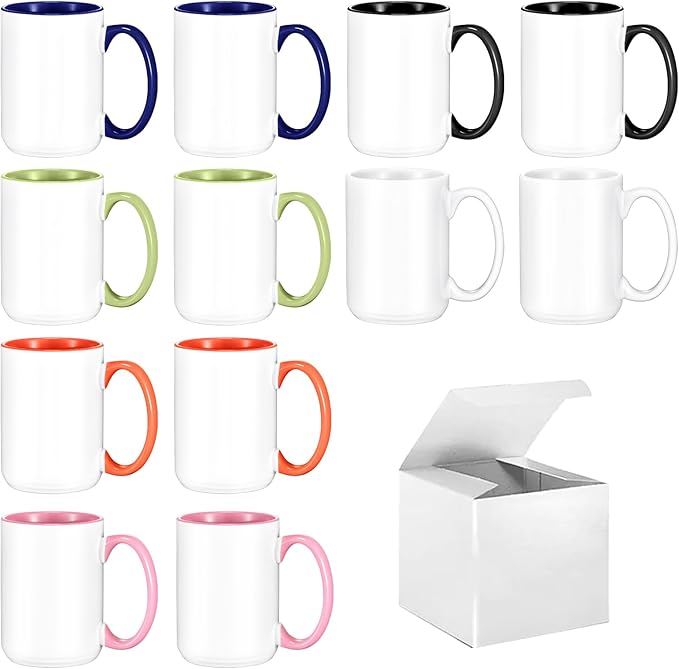 TANGLONG Sublimation Mugs 15 oz Set of 12 Sublimation Blank with Box Bulk Coffee Mugs Coffee Cups Tazas Para Sublimar 6 Assorted Colors