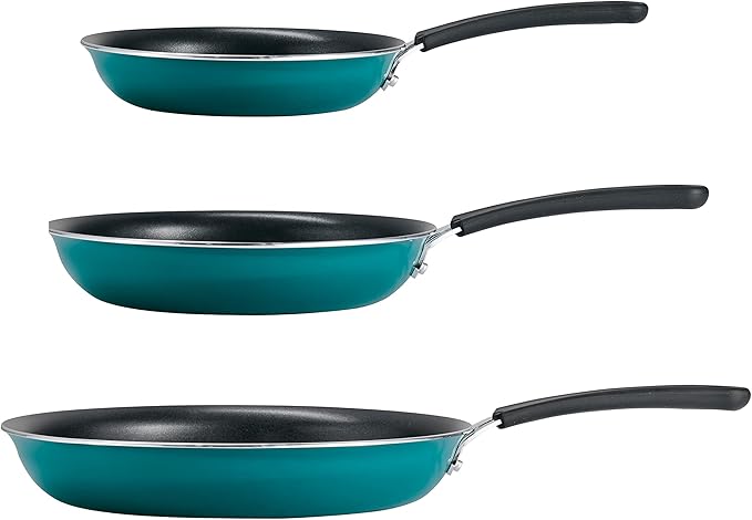 Tramontina Porcelain Enamel Non Stick 3-Pack Frying Pans, Skillet Set with Reinforced Nonstick Coating, Dishwasher and Oven Safe (Teal)