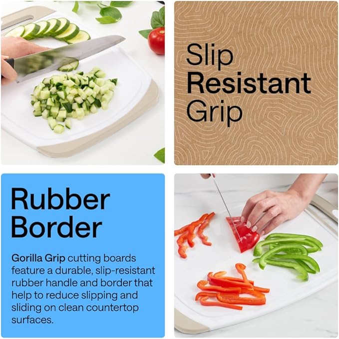 GORILLA GRIP BPA-Free Reversible Kitchen Cutting Board Set of 3, US Designed, Nonporous, Juice Grooves Catch Liquid, Slip Resistant Border, Dishwasher Safe, Durable Large Food Chopping Boards, Almond
