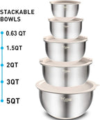 Wildone Mixing Bowls with Airtight Lids Set, 5PCS Stainless Steel Khaki Nesting Bowls for Kitchen, with Grater Attachments & Non-Slip Bottoms, Size 5, 3, 2, 1.5, 0.63 QT, Great for Mixing & Serving