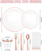 GATHER 700PCS Rose Gold Plastic Plates - Clear Rose Gold Rim Disposable Dinnerware Set Includes 200 Plates, 300 Silverware, 100 Napkins, 100 Cups for Party & Wedding & Mother's Day