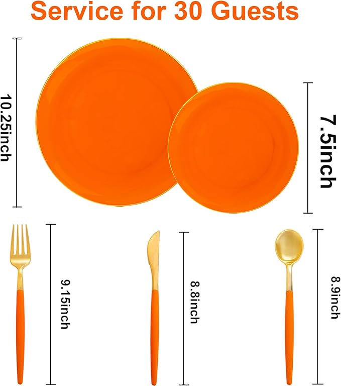 DaYammi 150Pcs Orange Plastic Plates & Gold Cutlery with Orange Handle,orange Disposable Plates with Gold Rim Set Include 30 Dinner Plate,30 Dessert Plate,30 Knive,30 Forks,30 Spoons for Party Wedding