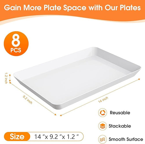 8-Pack Serving Tray, Serving Platter for Parties, Entertaining, Camping & Food Display, Reusable & Stackable Plastic Trays in Kitchen, Rectangular Food Platters for Cookie, Appetizer(White)