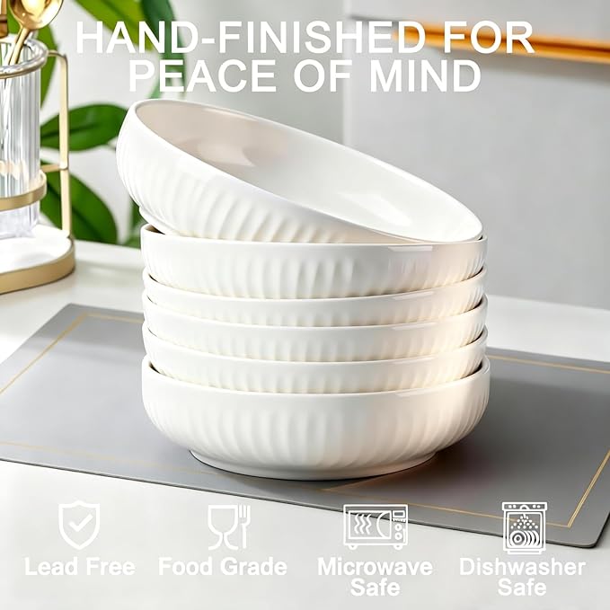 8 Inch Ceramic Pasta Bowls 6 Pack, 32 Oz White Serving Bowls - Microwave, Dishwasher & Oven Safe, Shallow Soup Bowls for Salad, Pasta, Cereal
