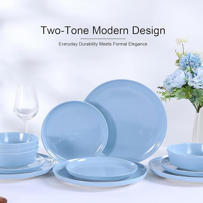 Webbylee 12-Piece Melamine Dinnerware Set for 4 – Unbreakable Plates & Bowls, Lightweight, Two-Tone Blue & Beige, Ideal for Family Meals, Camping, Picnic, Parties