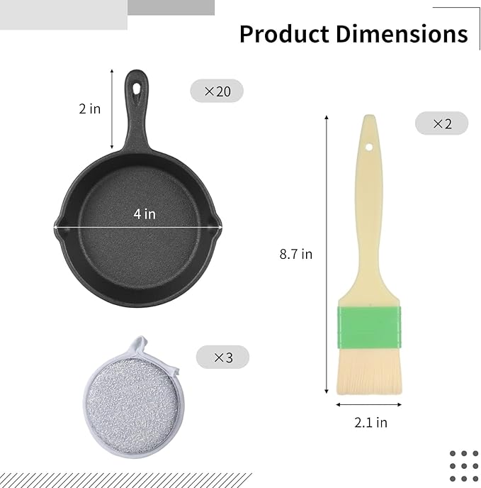 OMISTAR 20 Pack 4 inch Cast Iron Skillet, Mini Nonstick Frying Pan with Oil Brush and Sponge, Single Serve Egg Pan Long Handle Omelet Pan, Grill Safe