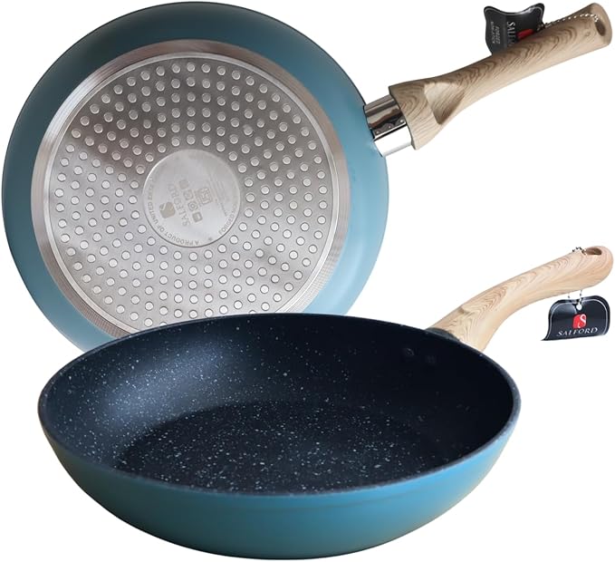 SALFORD 9.7 Inch Nonstick Frying Pan - Induction Compatible Ceramic Forged Skillet for Egg Omelet & Pancakes with Bakelite Wooden Handle Chef Pans - PTFE, PFAS & PFOA Free