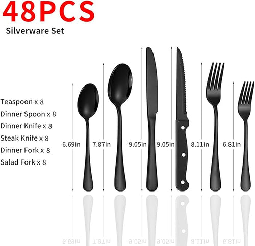 48-Piece Black Silverware Set with Steak Knives Black Stainless Steel Flatware Set for 8 Food Grade Tableware Cutlery Set Rust-proof, Mirror Polished, Dishwasher Safe