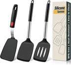 3 Pcs Silicone Spatula Set, Heat Resistant Solid & Slotted Turner for Non-Stick Pans, Silicone Cooking Utensils Set, BPA-Free, Flexible Spatula Turner for Flipping Eggs, Burgers, Pancakes, Black
