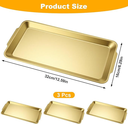 3 Pack 304 Stainless Steel Gold Serving Trays, 12.6" Rectangular Food Serving Platters, Tray Multipurpose for Buffet, Party, Kitchen