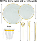 N9R 180 PCS Disposable Dinnerware Set with Gold Rim for 30 Guests,Green Plastic Plates Include 30 Dinner Plate, 30 Dessert Plates, 30 Cups, 90 Heavy Duty Gold Plastic Silverware for Party & Wedding