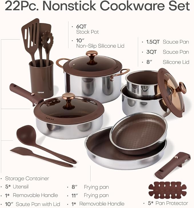CAROTE 22PCS Stainless Steel Cookware Set with Detachable Handle, Ceramic Hybrid Nonstick Pots and Pans Set, Stackable Kitchen Cookware Set, Induction Safe, Oven Safe, Brown