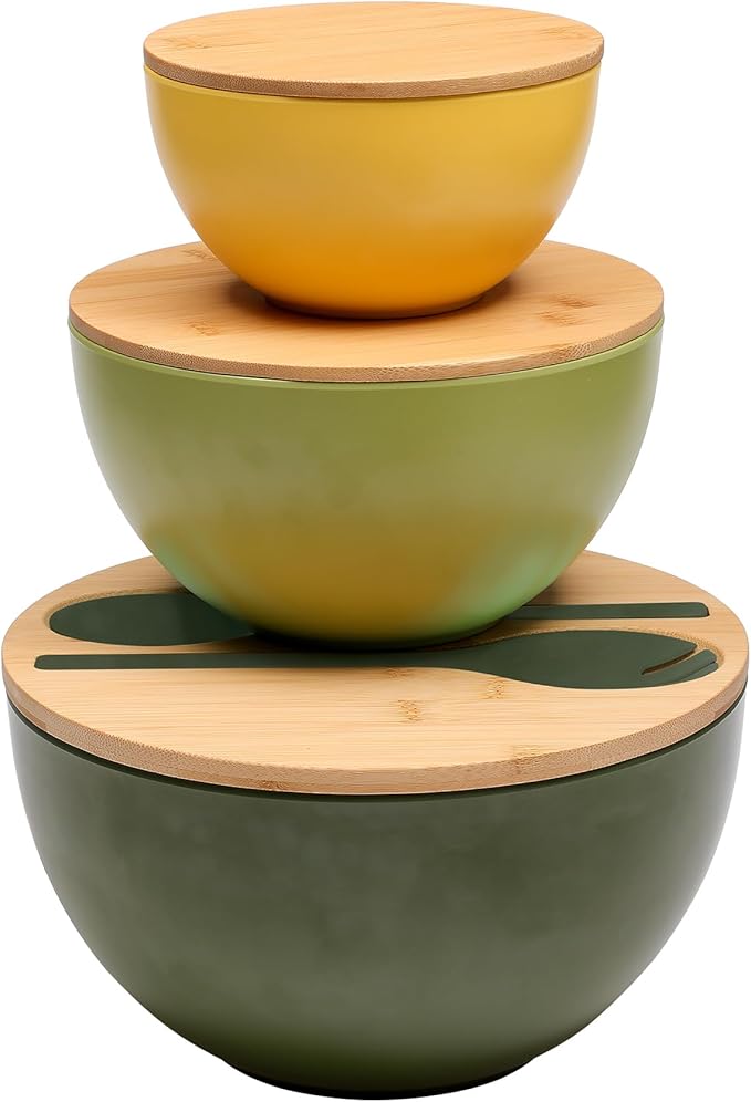 ECOWAY Salad Bowls Set of 3 with Lid & Serving Utensils, Colorful Serving Bowls, Bamboo Fiber Salad Bowls with Bamboo Lid, Kitchen Bowls for Salad, Kitchen Eating, Pasta, Popcorn, Fruit (3 Colors)