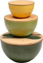 ECOWAY Salad Bowls Set of 3 with Lid & Serving Utensils, Colorful Serving Bowls, Bamboo Fiber Salad Bowls with Bamboo Lid, Kitchen Bowls for Salad, Kitchen Eating, Pasta, Popcorn, Fruit (3 Colors)