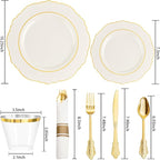 Liacere 350PCS Ivory Plastic Plates-Cream Disposable Plates With Gold Rim-50Guest Baroque Plastic Dinnerware include 100 Plates - 50 Pack Pre Rolled Napkins Silverware 50Cups for Wedding＆Mother's Day