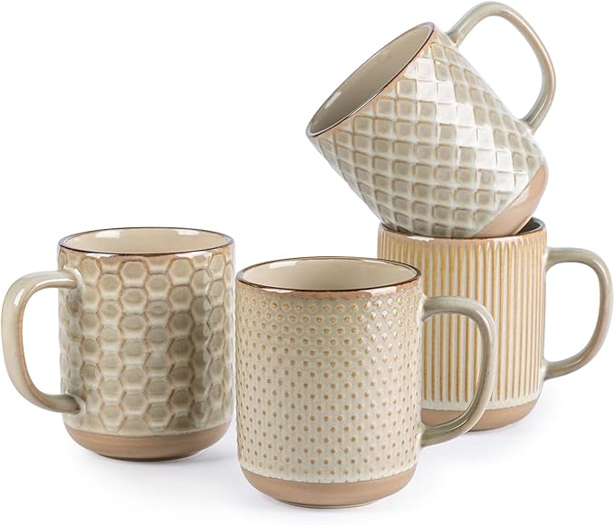 GBhome 12oz Coffee Mugs Set of 4, Handmade Stoneware Coffee Mugs Set with Large Handle for Cappuccino/Latte/Tea/Hot Cocoa, Dishwasher & Microwave Safe-Pale khaki