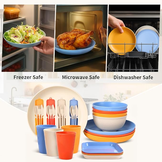 Wheat Straw Dinnerware Sets for 4, Unbreakable Dish Sets Wheat Straw Plates, Bowls, Cups Sets with Utensils, Camping Plates Set with Cups & Bowls, BPA-Free Microwave & Dishwasher Safe Dishware
