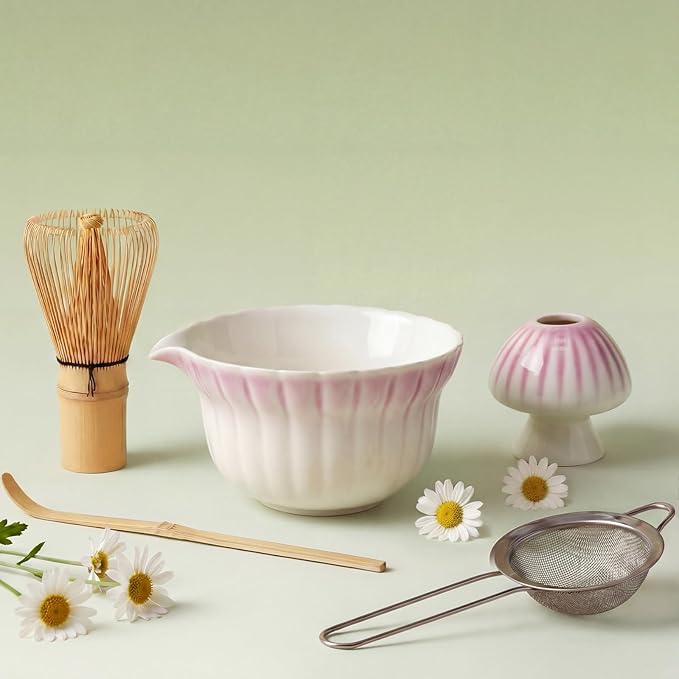 Matcha Whisk Set, Matcha Kit 5 Pcs, Daisy Matcha Bowl and Whisk Set with Sifter, Holder & Scoop，Japanese Ceremony Matcha Tea Making Tools, Complete Starter Set for Beginners, Purple