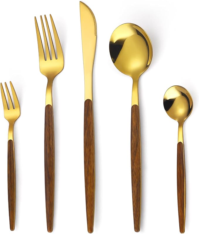 20-Piece Gold Silverware Set with Cake Fork, Stainless Steel Flatware Cutlery Set for 4, Tableware Eating Utensils Set with Wooden effect Handle, Knife Fork Spoon, Mirror Finish, Dishwasher Safe