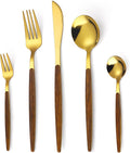 20-Piece Gold Silverware Set with Cake Fork, Stainless Steel Flatware Cutlery Set for 4, Tableware Eating Utensils Set with Wooden effect Handle, Knife Fork Spoon, Mirror Finish, Dishwasher Safe
