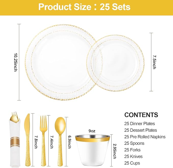 Bestluck 175PCS Clear Plastic Plates with Gold Trim for 25 Guests, Disposable Dinnerware Set for Party & Wedding, Includes 50 Plastic Plates, 25 Pre Rolled Napkins with Gold Silverware, 25 Cups