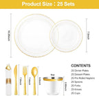 Bestluck 175PCS Clear Plastic Plates with Gold Trim for 25 Guests, Disposable Dinnerware Set for Party & Wedding, Includes 50 Plastic Plates, 25 Pre Rolled Napkins with Gold Silverware, 25 Cups