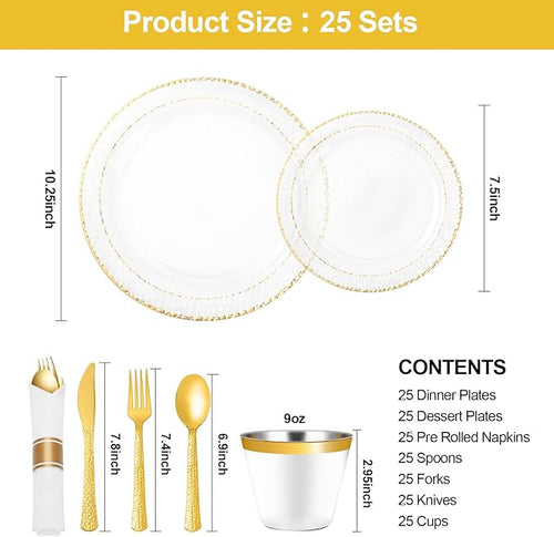 Bestluck 175PCS Clear Plastic Plates with Gold Trim for 25 Guests, Disposable Dinnerware Set for Party & Wedding, Includes 50 Plastic Plates, 25 Pre Rolled Napkins with Gold Silverware, 25 Cups