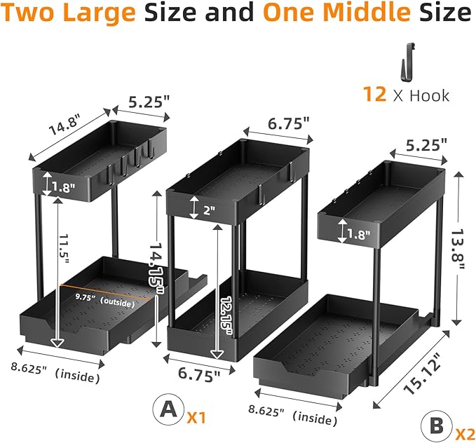 Simple Trending 2-Tier Under Sink Organizers and Storage, Multi-Purpose Pull-Out Storage Organizers, Stackable Cabinet Organizer Shelf for Kitchen, Bathroom, Black, 3 Packs