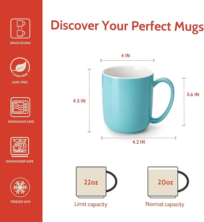 Sweese Porcelain Coffee Mugs Set of 6, 20oz Large Coffee Mugs Porcelain with Big Handle, Assorted Colors Oversized Cups for Latte, Cocoa, Tea, Festival Gift, Microwave Safe