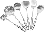 304 Stainless Steel Cooking Utensils Set,6 PCS Metal Cooking Utensils Set,Large Spoon,Spaghetti Spoon,Wok Spatula,Skimmer,Soup Ladle etc(Dishwasher Safe)