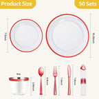 Goodluck 350 Piece Red Plastic Dinnerware Set for Party, Clear Disposable Plates for 50 Guests, Includes 100 Plates, 50 Pre Rolled Napkins with Cutlery Set, 50 Cups for Graduation, Wedding, Christmas