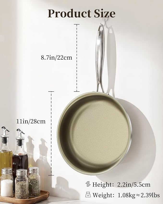 Nonstick Frying Pan Skillet 11inch, 18/10 Stainless Steel Pan, Titanium Pan with Cool Touch Handle, Non Stick Pan, PTFE & PFOA Free, Dishwasher & Oven Safe, Compatible with All Cooktops