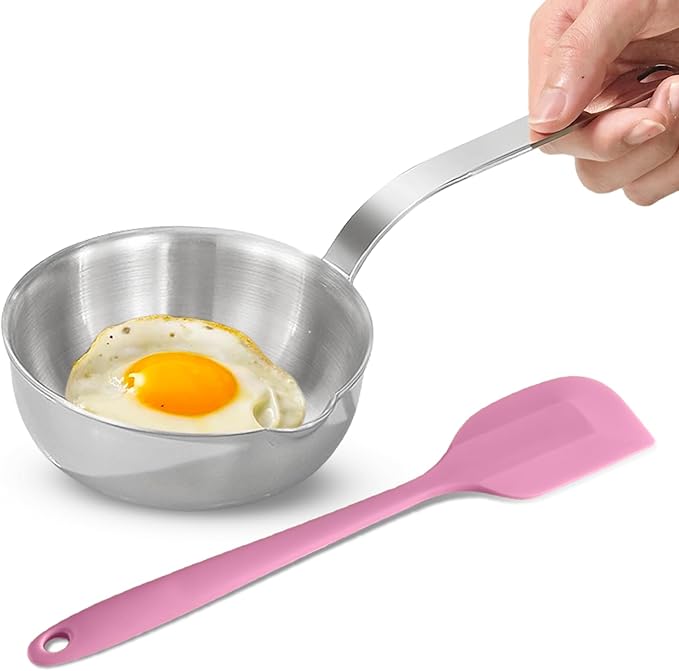 5.1-Inch Mini Frying Pan, 304 Stainless Steel Omelet Pan, Sauce Pan Mini Skillet for Single Egg, Butter Warmer Small Pot Cooking with 11" Scraper,Pink