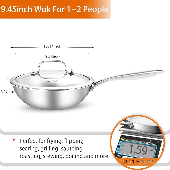 DELARLO Whole Body Tri-Ply Stainless Steel Wok 9.45 inch, Deep Kitchen Stir-Fry Pan, Small Wok Pan with Lids, Induction Mini wok, Suitable for All Stove, Up to 650℉, Detachable Handle