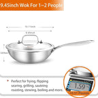 DELARLO Whole Body Tri-Ply Stainless Steel Wok 9.45 inch, Deep Kitchen Stir-Fry Pan, Small Wok Pan with Lids, Induction Mini wok, Suitable for All Stove, Up to 650℉, Detachable Handle