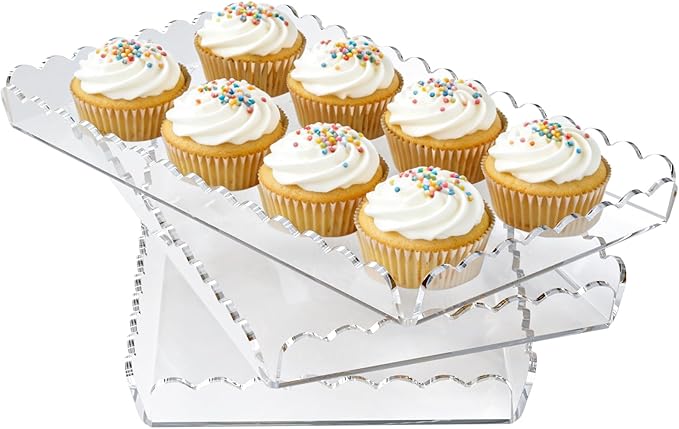 3 Pack Acrylic Serving Trays for Party, 12.9 x 7.1 Inch Scalloped Clear Serving Platter for Food Coffee Tea Snack, Catering Dessert Tray for Cupcake Fruit Party Table Decor (Tray-Clear)