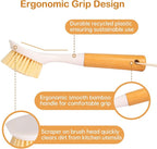 3 Pack Dish Brush Set with Bamboo Handle, Dish Scrubber Built-in Scraper, Kitchen Scrub Brush for Cleaning Cast Iron Cookware, Pans, Pots, Counter & Kitchen Sink (White)