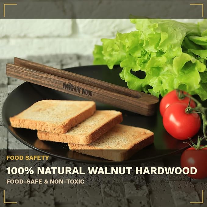 Magnetic Walnut Wood Toaster Tongs, Set of 2 – 8.7-Inch Kitchen Tongs for Toast, Bagels, Bacon, Muffins & BBQ | Non-Toxic, Glue-Free Hardwood with Magnetic Storage Holder