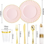 YOUBET 350PCS Pink Scalloped Plastic Plates - Pink and Gold Disposable Dinnerware Set Include 100 Plates, 150 Gold Silverware, 50 Cups, 50 Napkins for Wedding & Party Mothers Day