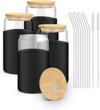 sungwoo Glass Cups with Lids and Straws, 4 Pack 16OZ Iced Coffee Cups with Silicone Sleeve, Glass Tumbler with Straw and Bamboo Lid, Home Essential Drinking Set for Juice, Cocktail and Latte Black